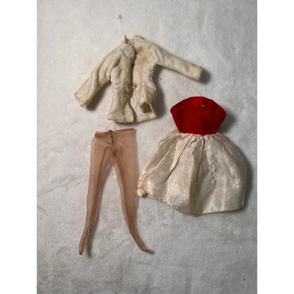 Vintage Barbie Doll Clothes Cream Jacket Skirt Red Velvet Waistband Stockings